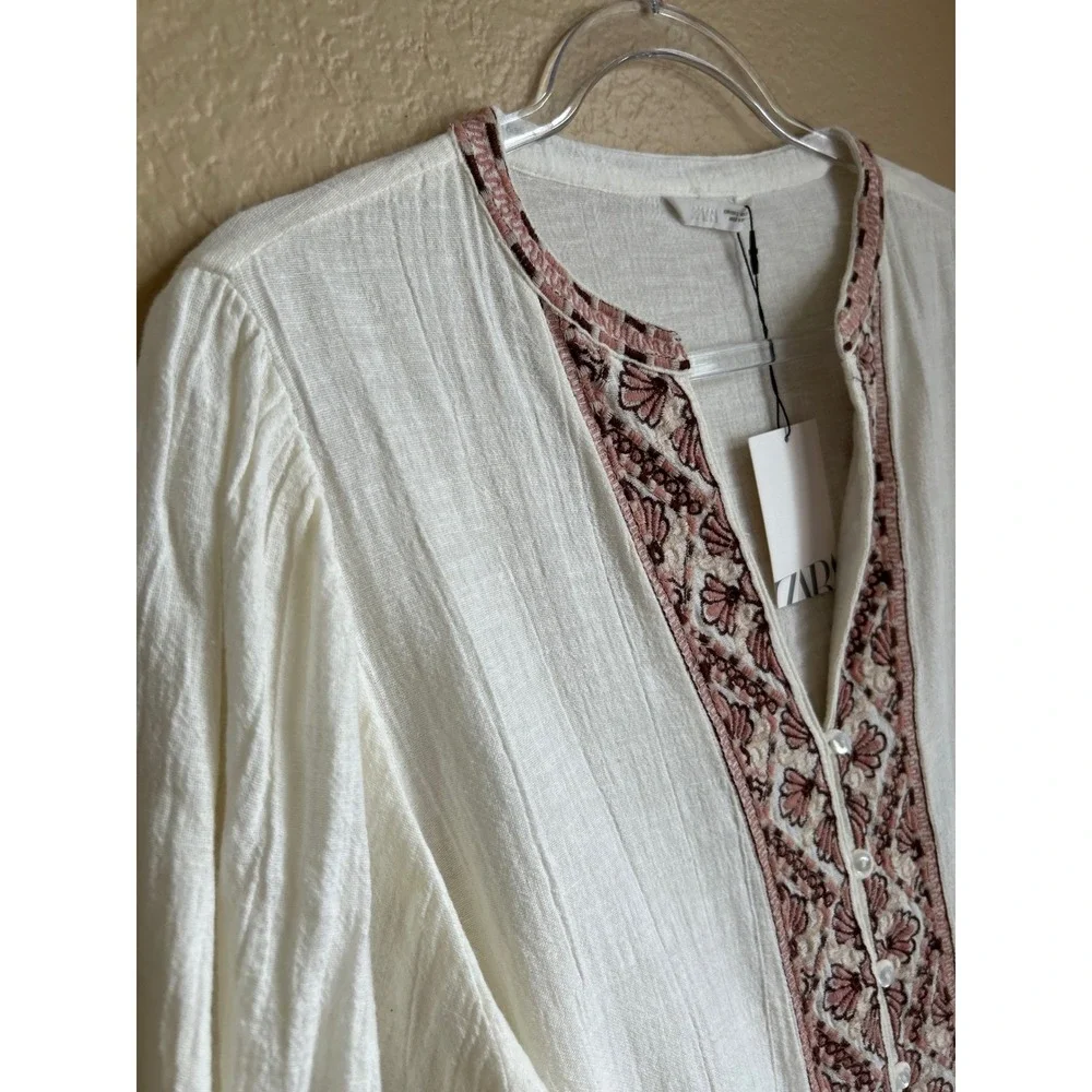 Zara Embroidered Cotton Linen Shirt Fiosa tan Boho Large Gauze Pirate Princess